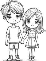 Boys and girls cartoon characters, cute lines and colorful coloring pages. vector