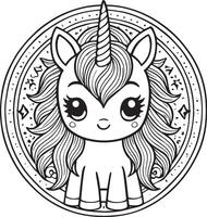 Horse Unicorn Cartoon Character Cute Lines and Colorful Coloring Pages vector