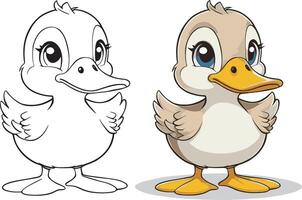 Cute cartoon character duck with lines and colorful coloring pages. vector