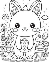 A cute rabbit is holding a cupcake and a bird is perched on a branch vector