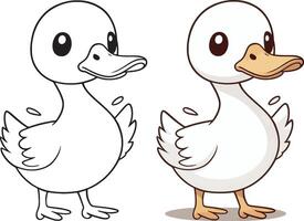 Cute cartoon character duck with lines and colorful coloring pages. vector