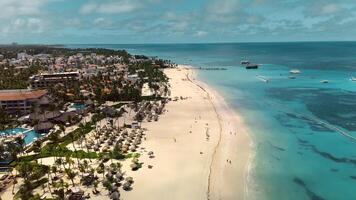 tropical recurso en paraíso isla paisaje. hermosa caribe palma playa con palmas y blanco arena. hotel en el costas de el caribe mar. viaje a el dominicano república. video