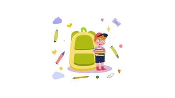 une garçon avec une sac à dos et des crayons autour lui video