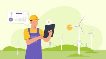 an illustration of a man in a hard hat holding a tablet computer and looking at wind turbines video