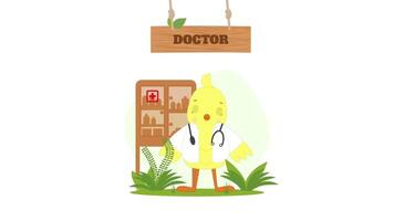 un' cartone animato pollo con un' stetoscopio e un' cartello quello dice medico video