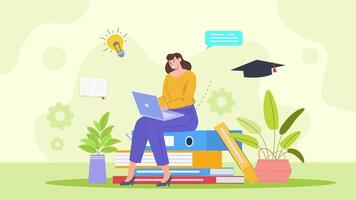 a woman sitting on a pile of books with a laptop video