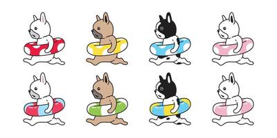 perro francés buldog icono nadando anillo piscina Oceano perrito mascota pata personaje dibujos animados playa verano símbolo bufanda garabatear ilustración diseño vector