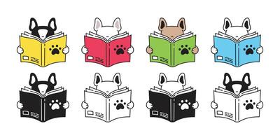 dog french bulldog icon reading book puppy pet paw character cartoon symbol scarf doodle illustration design vector