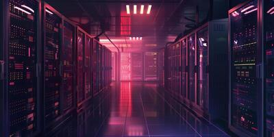 Futuristic server room data centre. Backup, hosting, mainframe, farming. 3d rendering photo