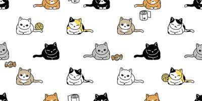 cat seamless pattern kitten calico breed pet toy yarn ball scarf isolated cartoon animal tile wallpaper repeat background illustration doodle design vector