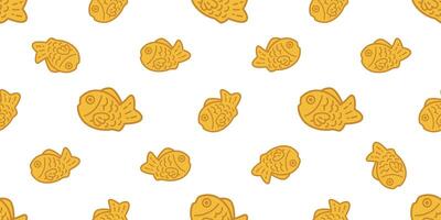 pescado taiyaki sin costura modelo panadería Japón comida bocadillo atún tiburón salmón delfín garabatear icono dibujos animados Oceano mar loseta antecedentes repetir fondo de pantalla bufanda aislado mascota animal ilustración garabatear desi vector