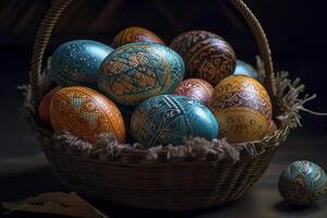 de cerca ver de un vibrantemente de colores Pascua de Resurrección relleno de huevo cesta en contra un oscuro fondo, capturar el festivo y alegre esencia de el Pascua de Resurrección temporada foto