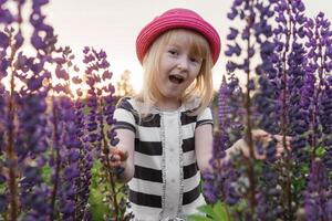 un rubia niña en un campo con púrpura flores un pequeño niña en un rosado sombrero es cosecha flores en un campo. un campo con altramuces foto