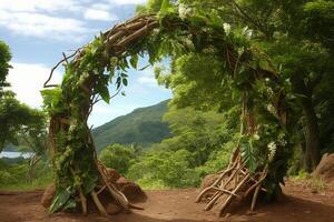 elegante tropical Boda arco decoración en medio de vibrante verde selva follaje para memorable ceremonias foto