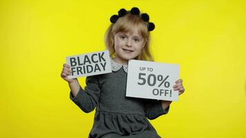 Child kid girl showing Black Fridayand Up To 40 Percent Off discount advertisement inscriptions text video