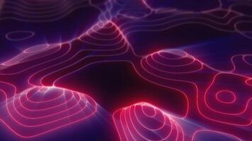 Purple looped futuristic hi-tech landscape with mountains and canyons from glowing energy circles and magic lines. Abstract background. video