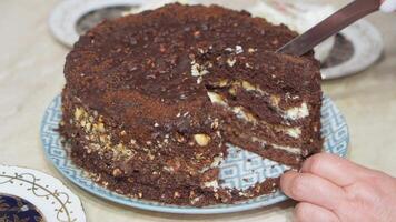 Coupe sucré Chocolat gâteau avec cuisine couteau. video