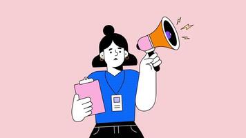 2d desenho animado mulher anúncio em uma Rosa fundo hd video