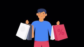 Man Cartoon Holding Shopping Bag Animation HD On Alpha video