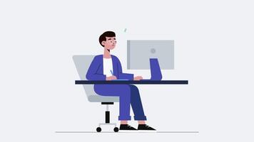 2d piatto cartone animato personaggio uomo Lavorando a un ufficio scrivania nel un' senza soluzione di continuità ciclo continuo HD video