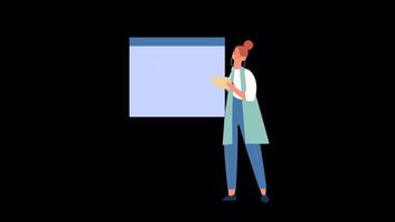 2D cartoon animation of a woman analyzing a chart on a transparent alpha channel 4K video