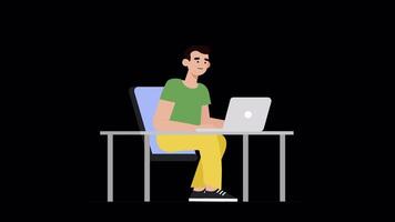 2d animación de un hombre personaje utilizando un ordenador portátil en un transparente alfa canal hd video