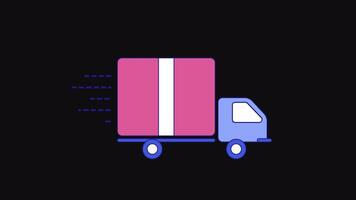 2D cartoon animation of a fast pink and purple delivery truck on a transparent alpha channel video