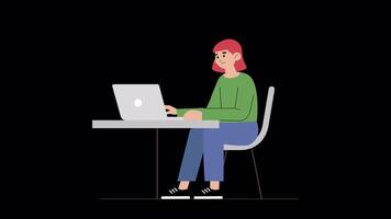 2D animation of a woman character using a laptop on a transparent alpha channel video