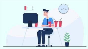 hombre de negocios cargando energía con bebida energía bebidas para trabajo mejor resultados 2d dibujos animados animación video