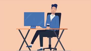 Busy Office Worker Drink Coffee And Typing On Keyboard 2D Cartoon Animation video