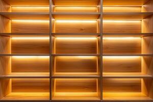 Illuminated Wooden Bookshelf Empty photo