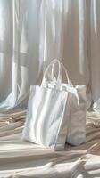 Minimalistic White Tote Bag On Fabric photo