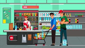 un cajero trabajando en un supermercado es contando el bienes y dos cliente 2d dibujos animados animación video