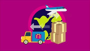 Delivery Company Delivers Quickly By Plane Or Truck To Anywhere In The World. 2D Cartoon Animation video