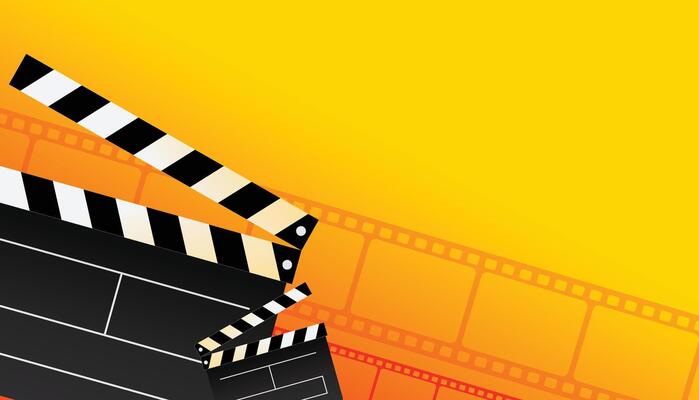 Retro cinema projector Film camera tape with ray of light on yellow background. movie time concept. Recording projector icon or pictogram Old picture roll frame Filmstrip. Cartoon festival