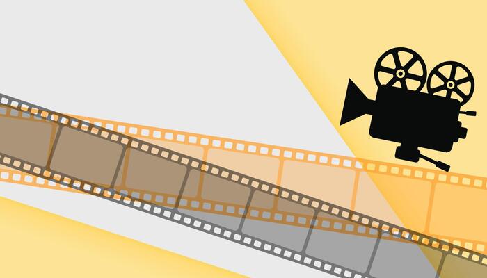 Retro cinema projector Film camera tape with ray of light on yellow background. movie time concept. Recording projector icon or pictogram Old picture roll frame Filmstrip. Cartoon festival