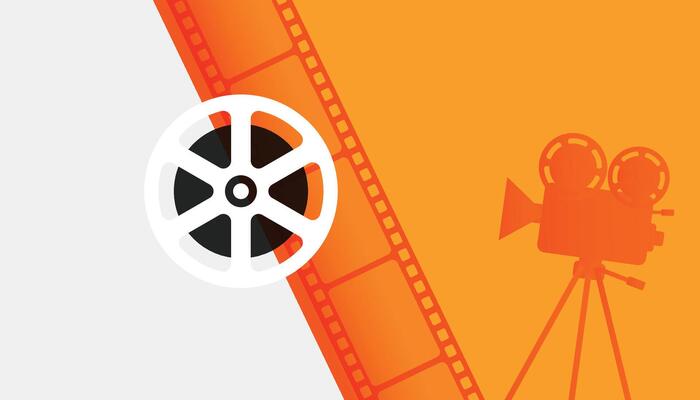 Retro cinema projector Film camera tape with ray of light on yellow background. movie time concept. Recording projector icon or pictogram Old picture roll frame Filmstrip. Cartoon festival
