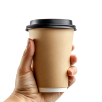 Hand holding paper coffee cup for mockup on isolated transparent background png