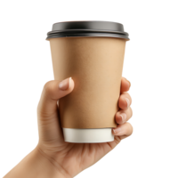 Hand holding paper coffee cup for mockup on isolated transparent background png