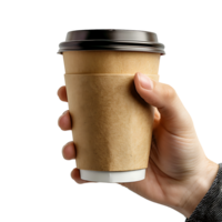 Hand holding paper coffee cup for mockup on isolated transparent background png