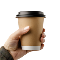 Hand holding paper coffee cup for mockup on isolated transparent background png
