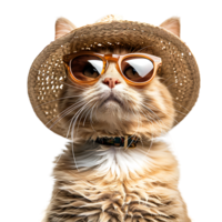 Happy Cat wearing summer glasses and hat on isolated transparent background png