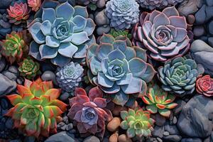 Many beautiful succulent plants as background, top view. Banner design. photo
