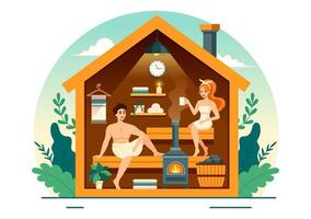 Sauna and Steam Room Illustration with People Relax, Washing Their Bodies or Enjoying Time in Flat Cartoon Background Design vector