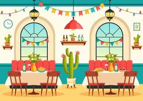 mexicano comida restaurante ilustración con varios de delicioso tradicional cocina tacos, nachos y otro en plano dibujos animados antecedentes vector