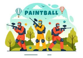 personas jugando paintball ilustración de combatiente jugador disparo con pistola disparar, apuntar, ataque en campo escena en plano dibujos animados antecedentes vector