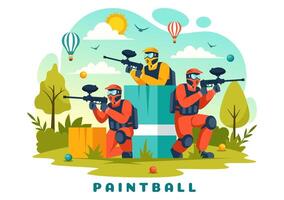 personas jugando paintball ilustración de combatiente jugador disparo con pistola disparar, apuntar, ataque en campo escena en plano dibujos animados antecedentes vector