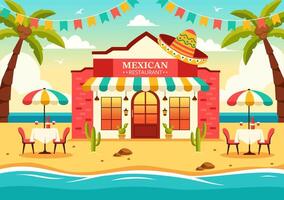 mexicano comida restaurante ilustración con varios de delicioso tradicional cocina tacos, nachos y otro en plano dibujos animados antecedentes vector