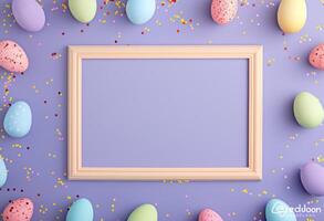 Happy Easter. Top view photo of empty photo frame colorful easter eggs and confetti