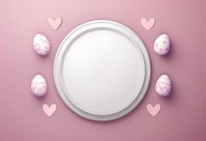 Easter day concept. Top view illustration of white circle colorful easter eggs and confetti photo